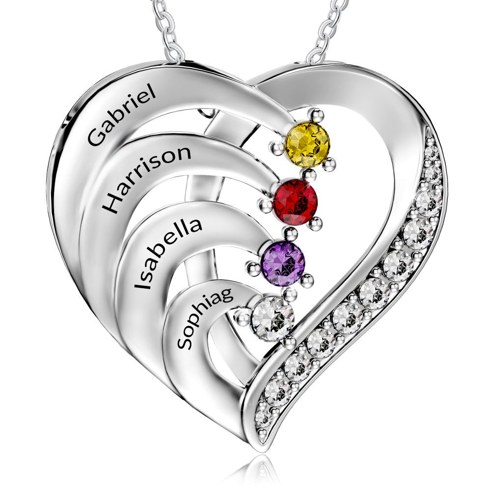 Personalized 4 Names Simulated Birthstone Heart Necklace