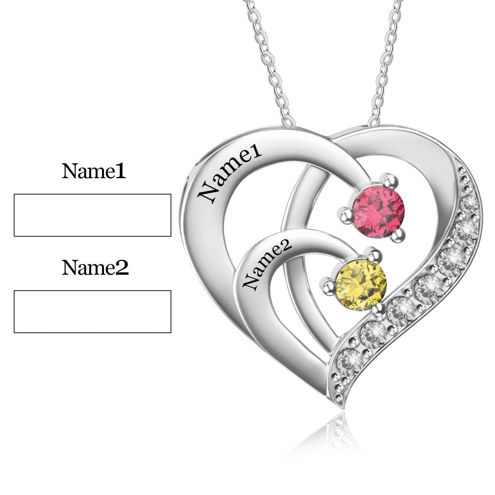 Personalized 2 Names Simulated Birthstone Heart Necklace