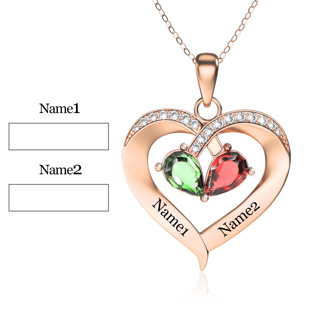 Personalized 2 Names Simulated Birthstone Heart Necklace With Diamond