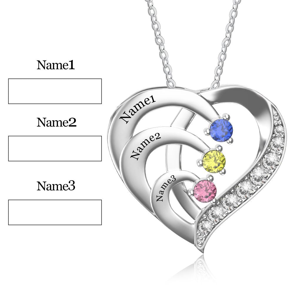 Personalized 3 Names Simulated Birthstone Heart Necklace