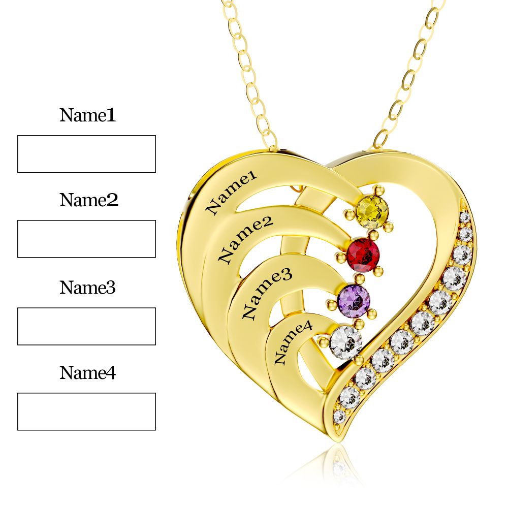 Personalized 4 Names Simulated Birthstone Heart Necklace