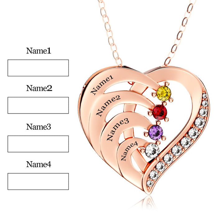 Personalized 4 Names Simulated Birthstone Heart Necklace