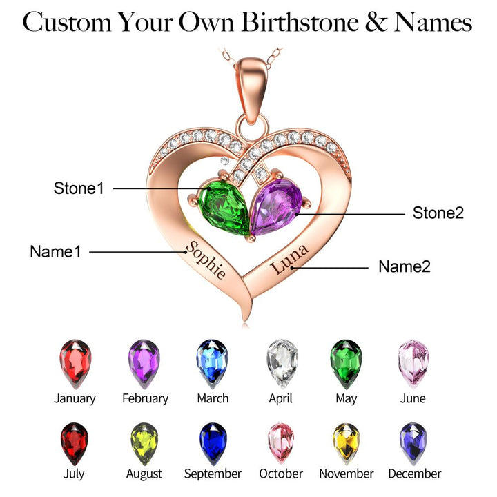 Personalized 2 Names Simulated Birthstone Heart Necklace With Diamond