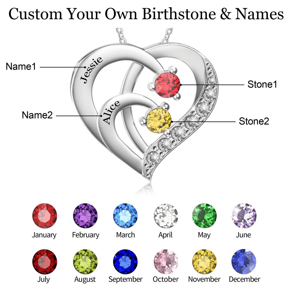 Personalized 2 Names Simulated Birthstone Heart Necklace