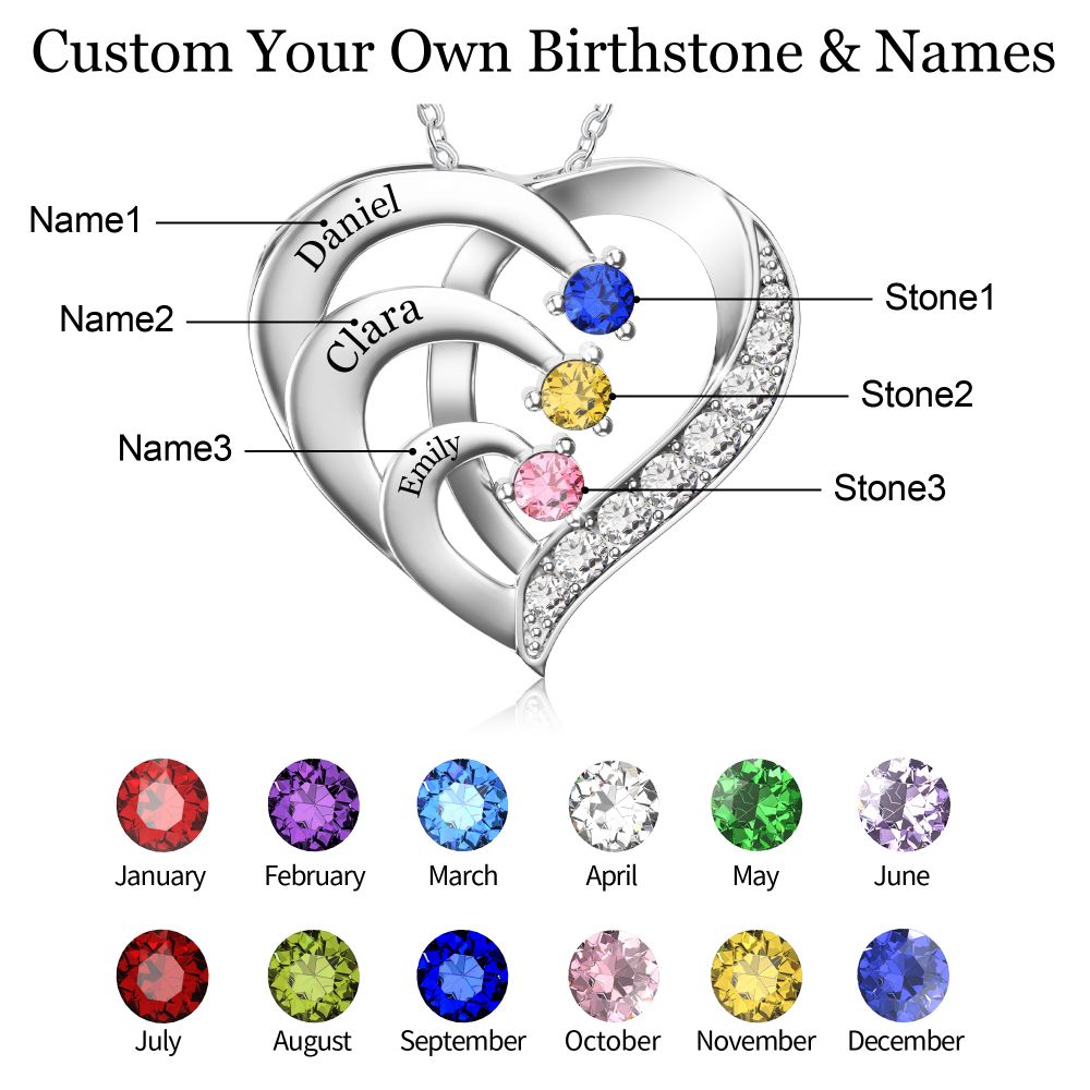 Personalized 3 Names Simulated Birthstone Heart Necklace