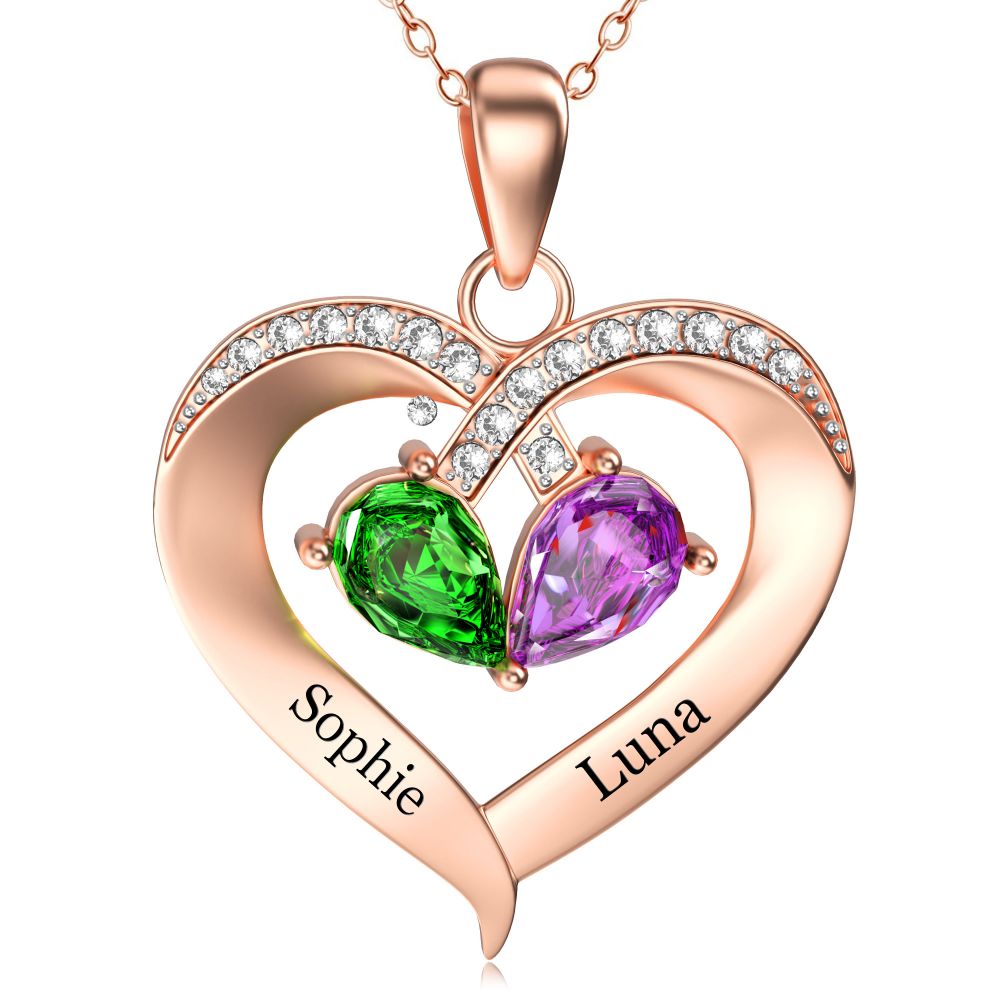 Personalized 2 Names Simulated Birthstone Heart Necklace With Diamond